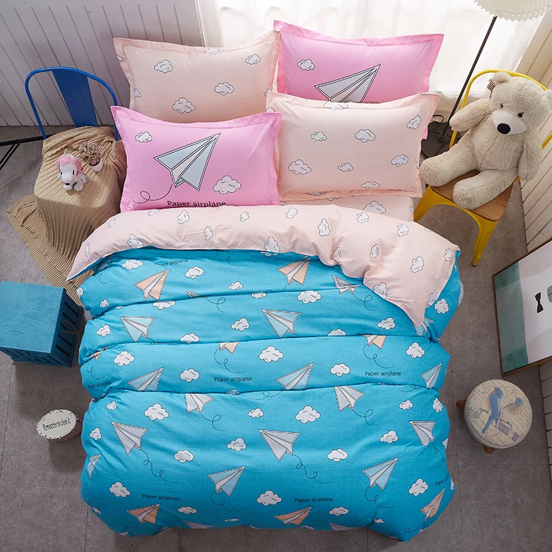 

New Blue Paper Plane Bedding Set Cartoon Cotton Bed Linen Duvet Cover Set Bed Sheet Pillowcase Twin Full Queen King