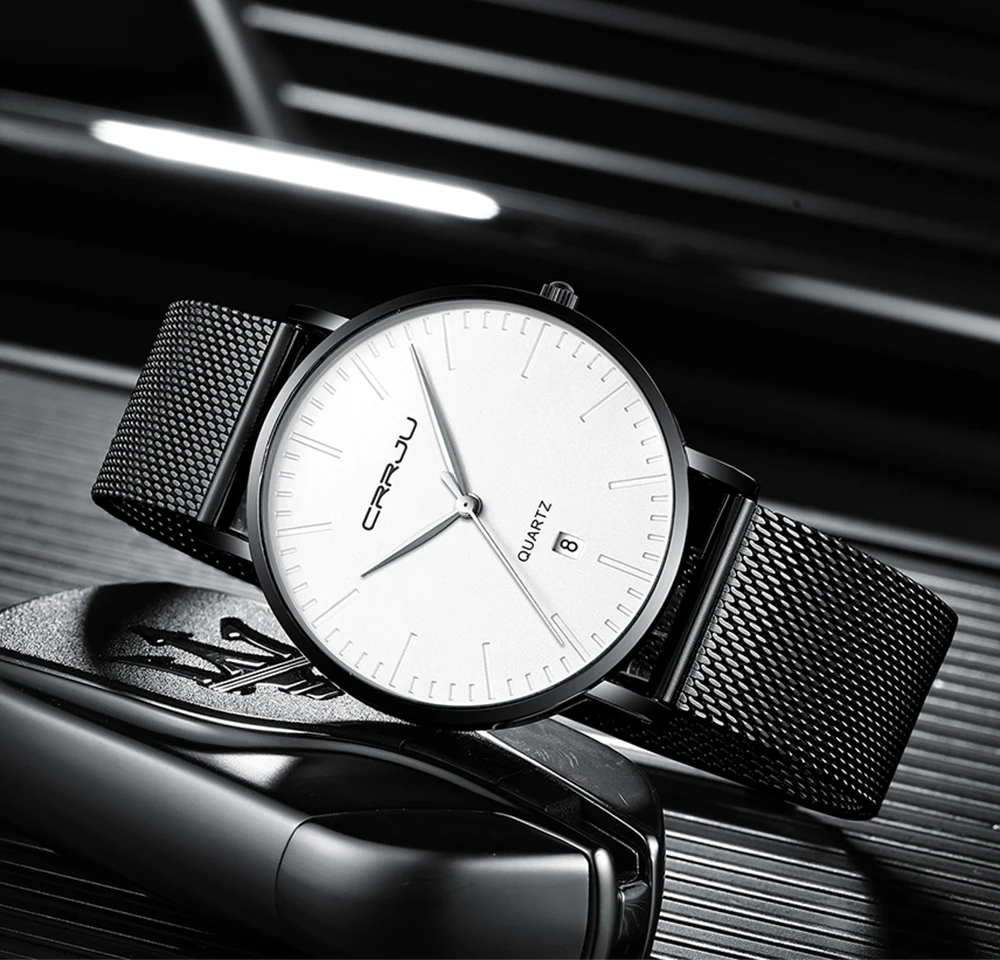 CRRJU новые мужские часы повседневные ультра-тонкие кварцевые часы с сетчатым ремешком модные минималистичные наручные часы с дисплеем даты Relogio Masculino