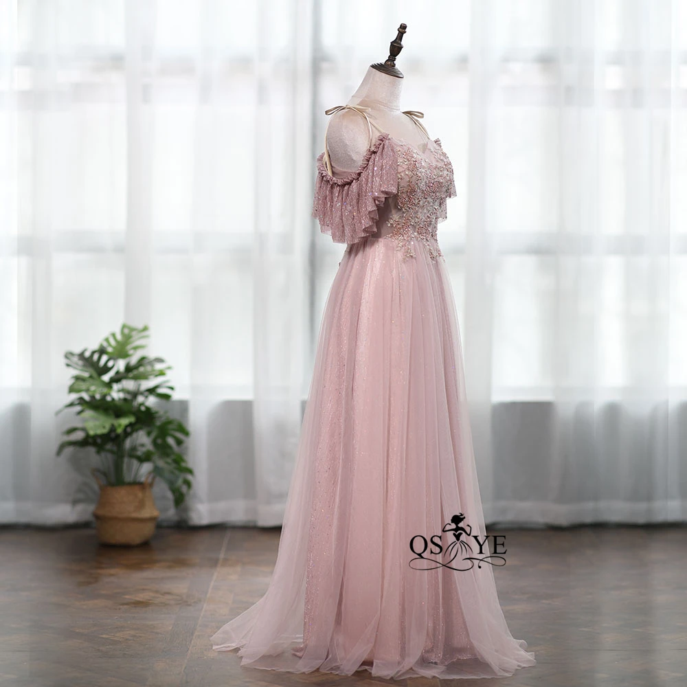 QSYYE Дешевое вечернее платье для выпускного вечера пыльно-розовое платье с рукавами-крылышками, тяжелое Бисероплетение, кружевной вырез лодочкой, вечерние платья сзади
