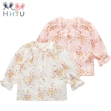 HHTU/ новая стильная рубашка для маленьких девочек; сезон лето-осень; одежда с длинными рукавами и цветочным принтом для новорожденных; хлопковые блузки с круглым вырезом для детей