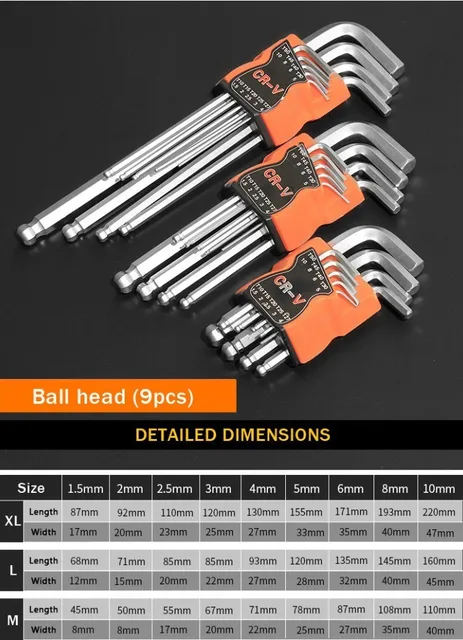 BINGFANG-W Tool Portable 9PCS Ball Head Hex Wrench Hex Wrench L-Shaped Wrench Hardware Tools Tools 