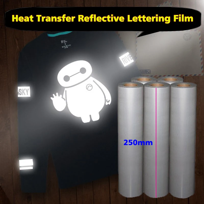 

Bright Silver Reflective Heat transfer Vinyl Film DIY Iron on Fabric Clothing Film with Logo Patch Letter Designs 250mm Width