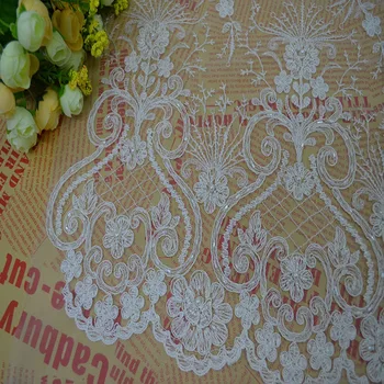 

Luxury Beaded Lace Wedding Fabric, White Bridal Mesh Pearl Beads Lace Motifs Fabric for dress