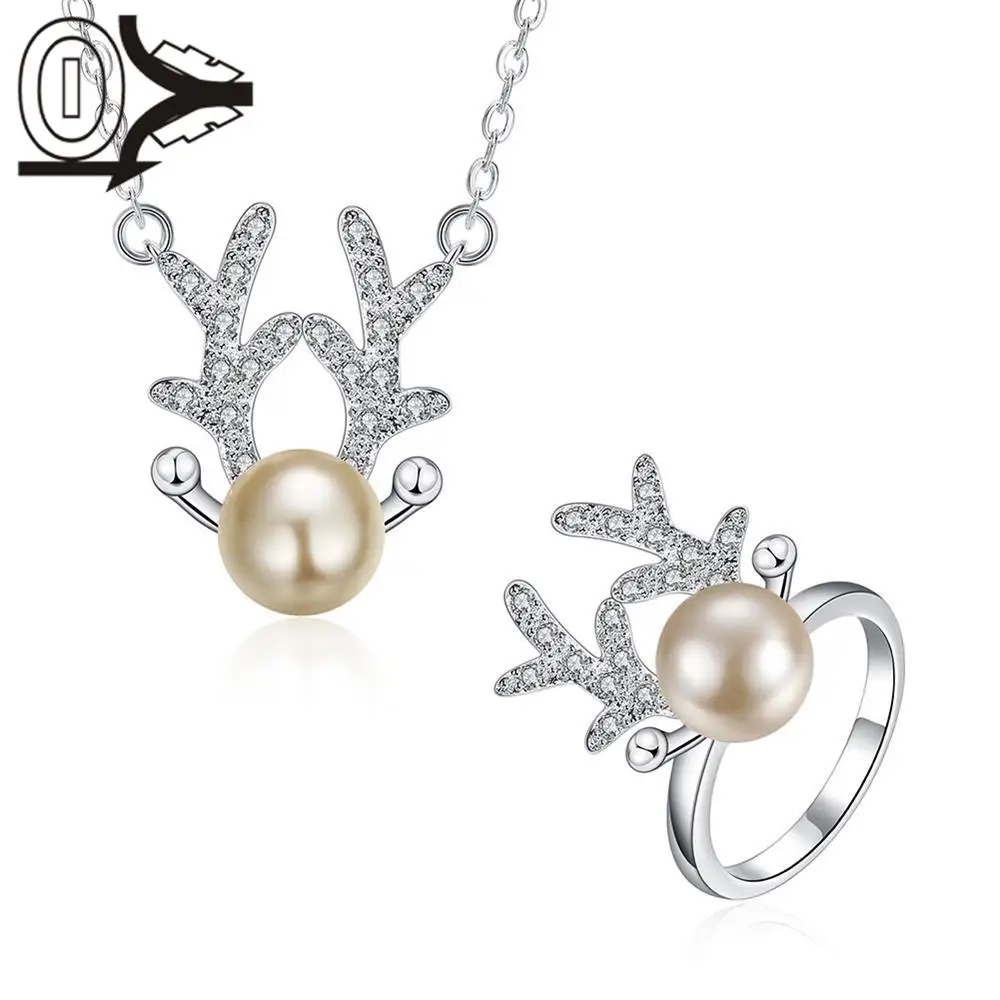 Big Promotion Bulk Sale Silver Plated Jewelry Set Cheap Bridal Party Sets Fashion Antlers Imitation Pearl Lady Necklace Rings | Украшения и