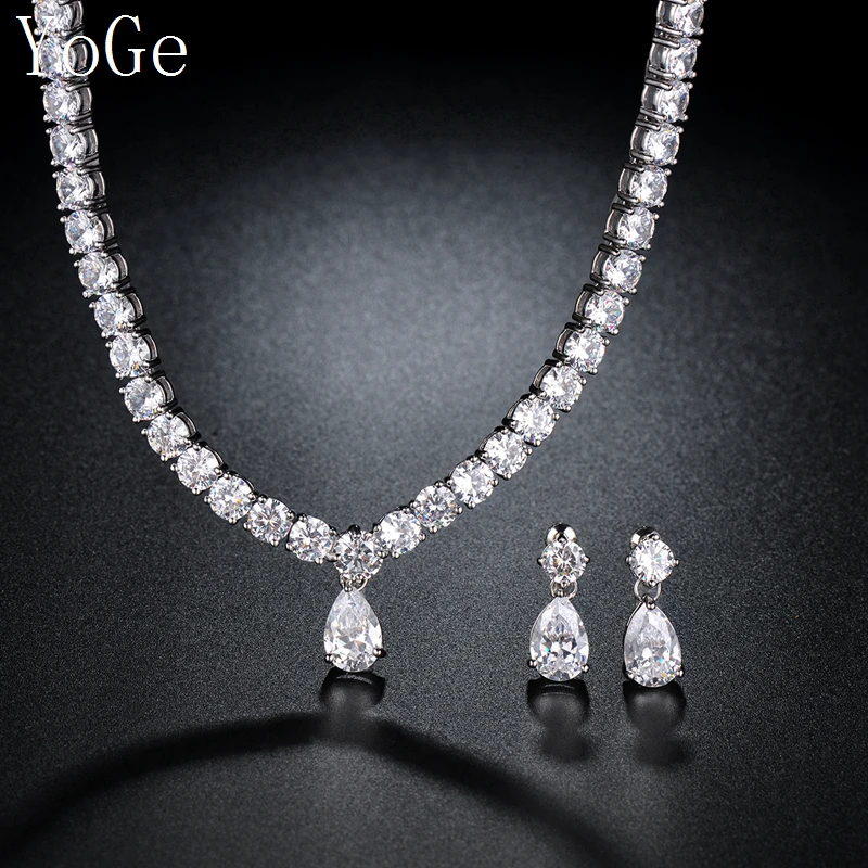 

YoGe Statement Jewelry, Fashion AAA cubic zirconia choker necklace and earring set round and waterdrop stones jewelry set S0337