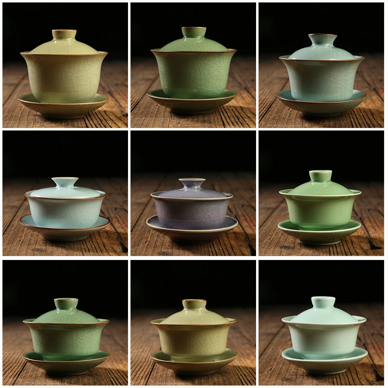 

Creative Ice Crack Texture Ceramic Celadon Gaiwan with Lid Saucer Kit Chinese Kung Fu Tea Set Puer Tea Kettle Sent Friend Teapot
