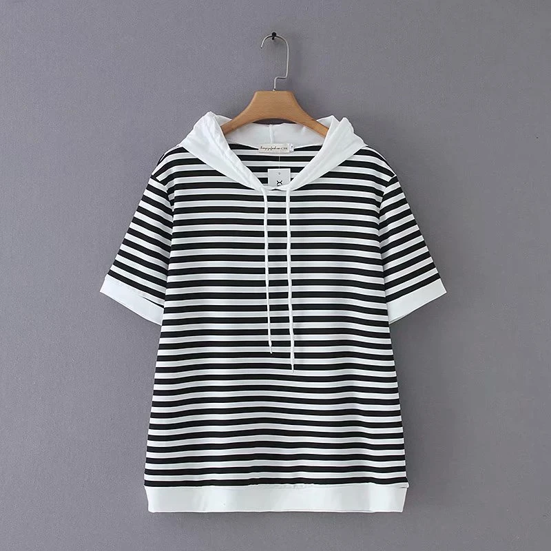 

Plus Size XL-4XL New Women T-shirt Korean Relax Loose Stripe Hooded Short Sleeve Shirts
