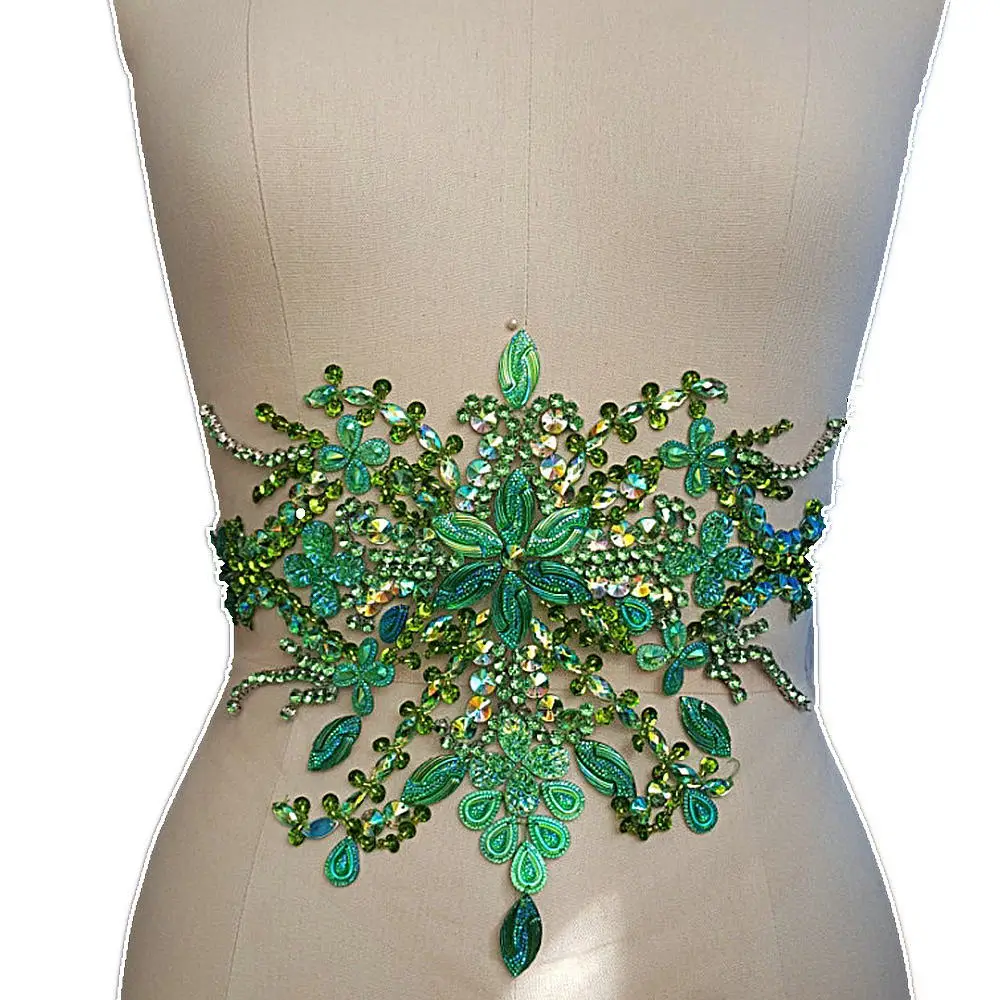bi.Dw.M Green Embroidery Beaded Crystal Rhinestone Applique Patch