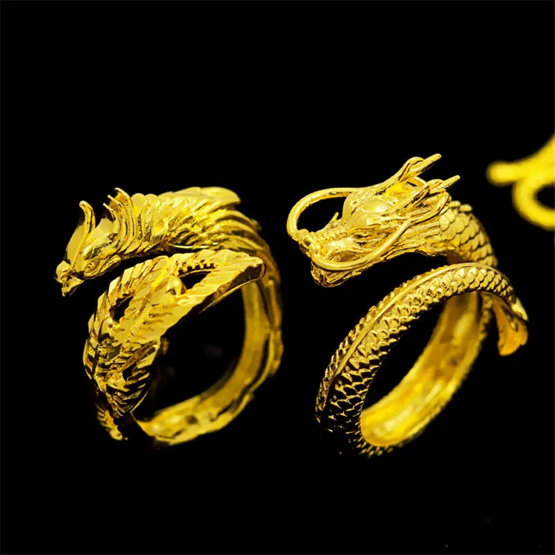 Vintage Couple Gold dragon and phoenix engagement ring bague adjustable ...