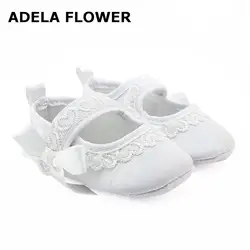 Адела цветок белый Кружево бантом Обувь для младенцев Обувь для девочек малышей Prewalker Anti-скольжения первый ходок простой Обувь для