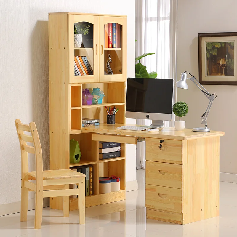 Wood Computer Desk With Bookcase Glass Doors For Children To Learn