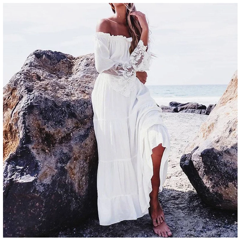 

LBFS Women's New Sexy Lace Patchwork Maxi Long Dress Slash Neck Off Shoulder Flare Sleeve Fashion Beach Party White Dresses Ro