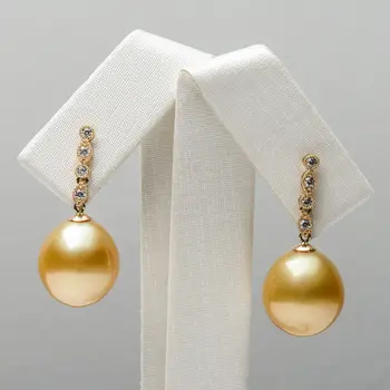 

12.1-12.2mm Golden Genuine South Sea Pearl Drop Earrings 14k Solid Yellow Gold