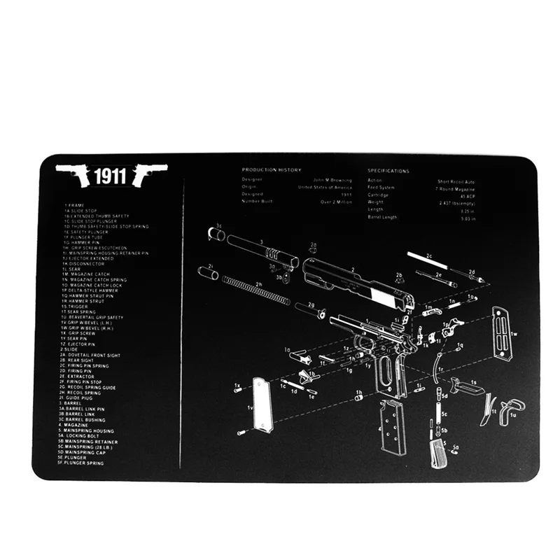 1" x 11" водонепроницаемое боевое оружие, чистящий резиновый коврик для скамьи с 1911 пистолетом, все части, список печати HT37-0068