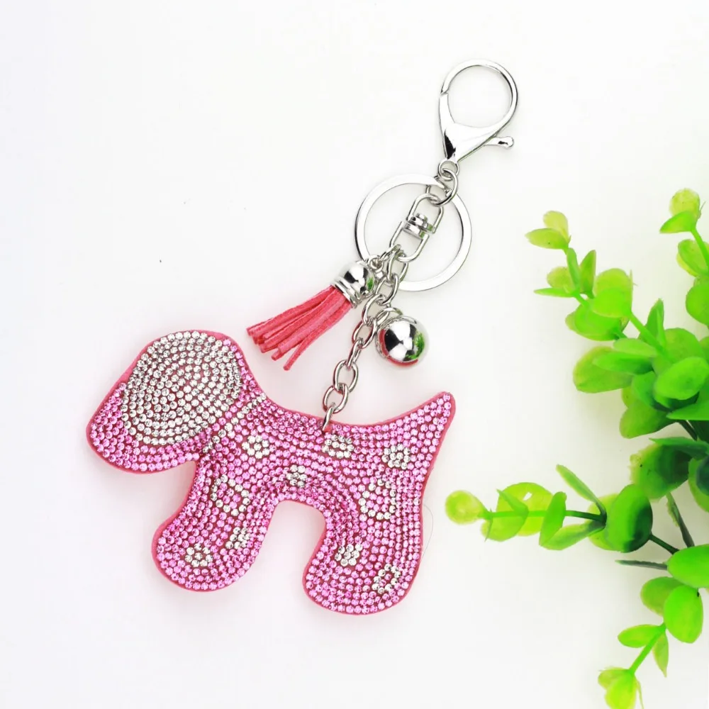 

Luxury Handmade Rhinestone Leather Dog Keychain Animal Car Key Chain Keyring Womens Bag Charm Pendant Accessories porte clef