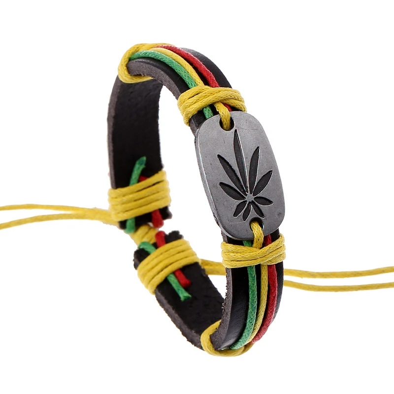 Hot Jamaica Style Colorful Fashionable Bracelet Leather Charm Bracelet Carved Weed Herb Leaf Reggae Jewelry Cheap Gift, TCN280