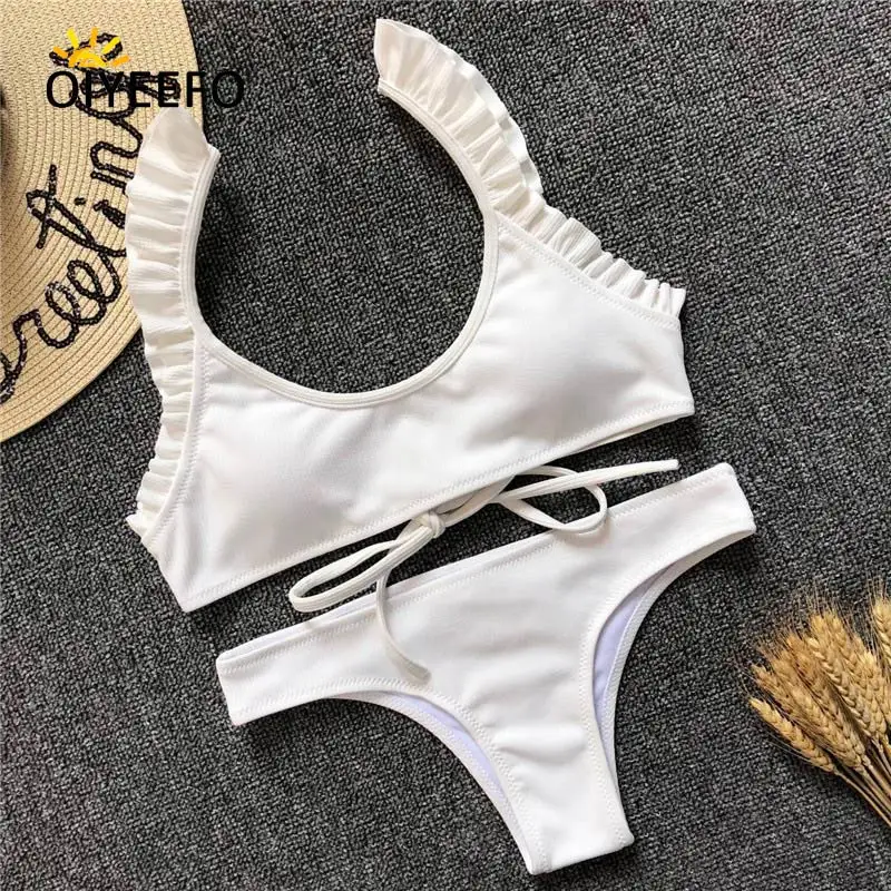 Oiyeefo Ruffle Bikini White Swimwear Female Frilly Swimsuit Women Beach