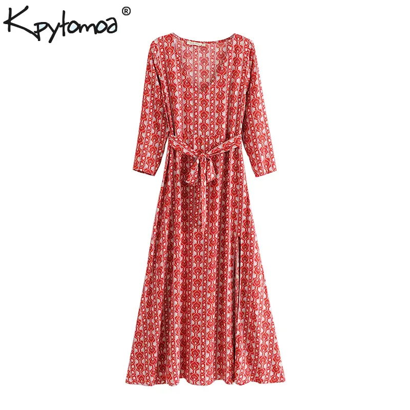 

Boho Chic Summer Vintage Floral Print Sashes Maxi Dress Women 2019 Fashion Three Quarter Sleeves Side Slit Beach Dresses Vestido