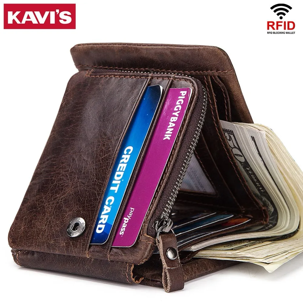 

KAVIS Trifold Card Holder Genuine Leather Cowhide Wallet Men Male Coin Purse Small Portomonee PORTFOLIO Clamp for Money Bag