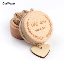 OurWarm Rustic Mr Mrs Wedding Ring Box Holder Round Wooden Engagement Ring Storage Box with Burlap 5x5x4cm