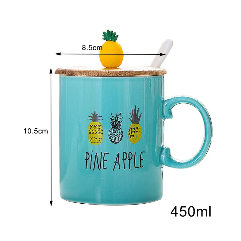 New summer pineapple fruit ceramic mug with spoon lid,Tea Milk Cups and Mugs Creative Drinkware Couple Mug For Gift 450ml