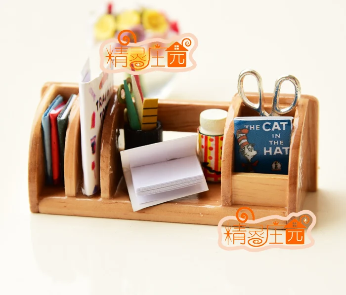 

1/12 scale Dollhouse Miniature Dolls House Miniature Wood Shelf with books Pens books Scissors handmad ornament 1:12 for dolls