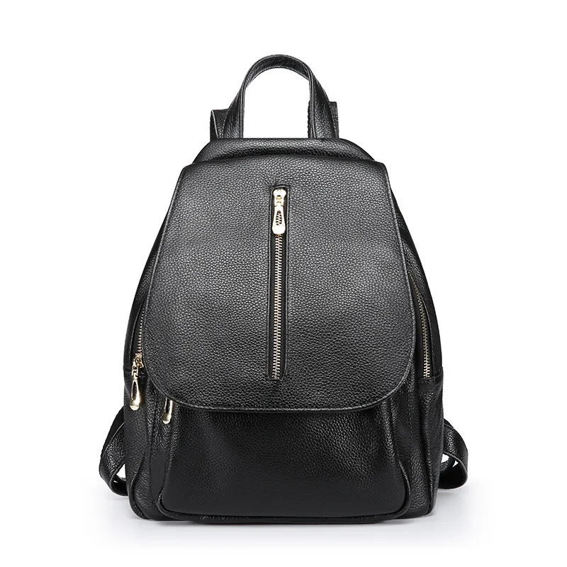 Korean Style Brief Black Zipper Genuine Leather Backpack Zipper Soft