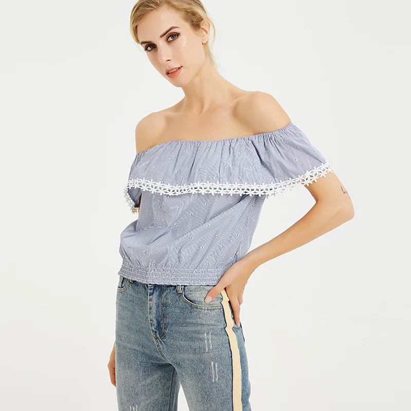 Women Blouses 2019 Streetwear Blue Slash Neck Ruffles Print Ladies Shirts Short Sleeve Women's Tops