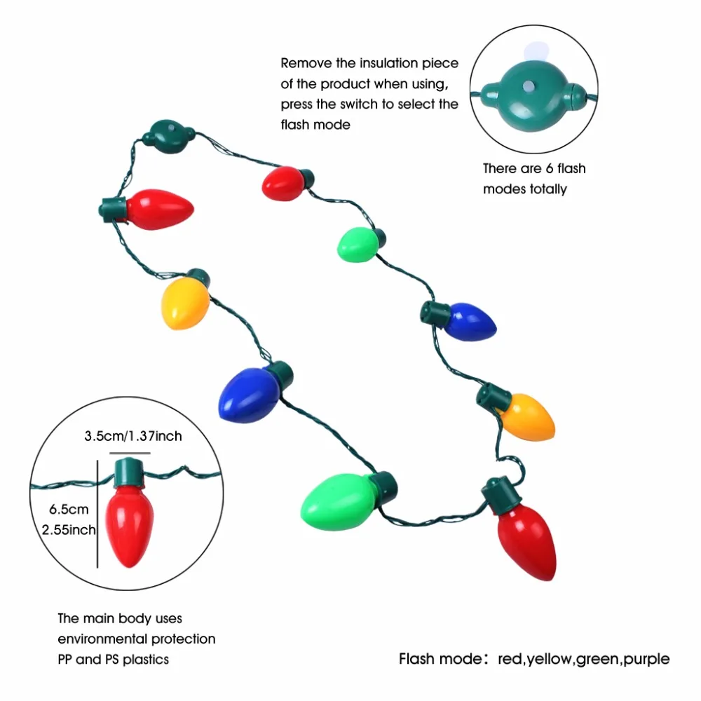 Xmas Light Up LED Necklace 3 Flashing Bulbs String Chritmas Ornament Decoration Gift For Kids Or Adults Party Favors (3)