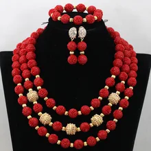 Талисманы красный Бусины Африки Нигерии Свадьба себе Цепочки и ожерелья комплект Циркон комплект ювелирных изделий в Дубае cnr472