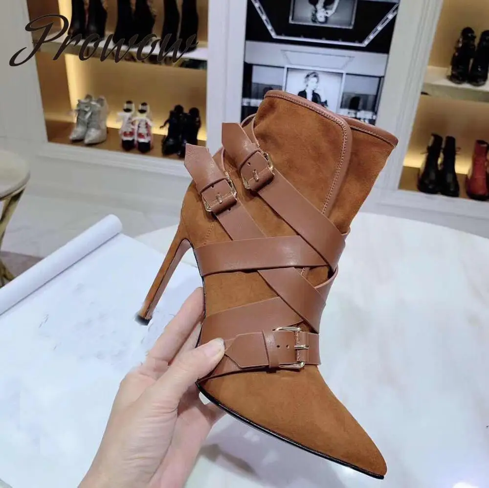 

Prowow New Genuine Leather Sexy Pointed Toe Ankle Boots Buckle Strap HIgh Heel Autumn Winter Boots Shoes Women
