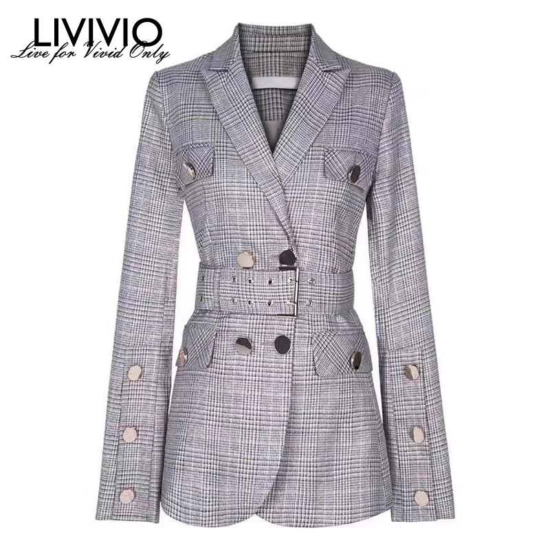 

[LIVIVIO] Elegant Plaid Blazer Notched Collar Long Sleeve Sashes Tunic Double Breasted Coats Female Fashion Clothing 2019