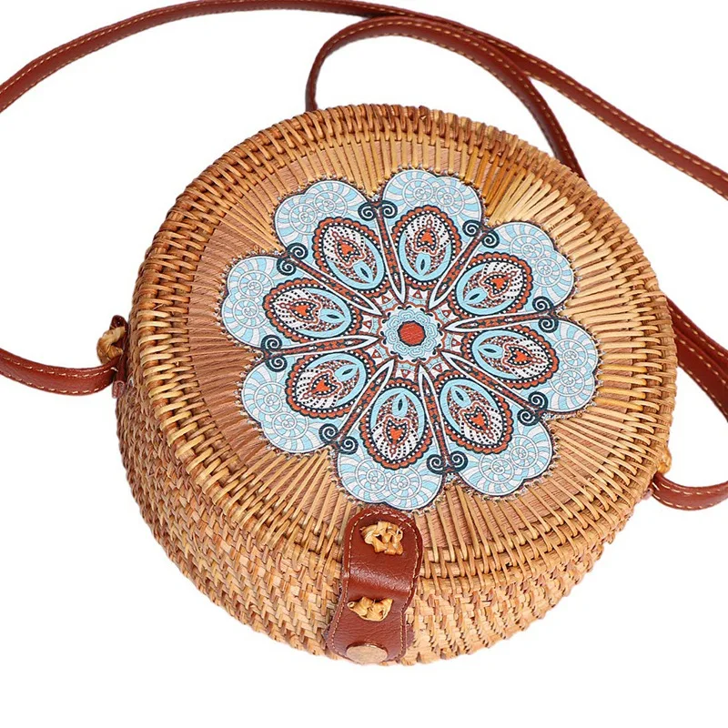 Круглая сумка из ротанга с принтом, соломенная богемная сумка для женщин, кошелек, клатч ручной работы, женская сумка на плечо, дождь
