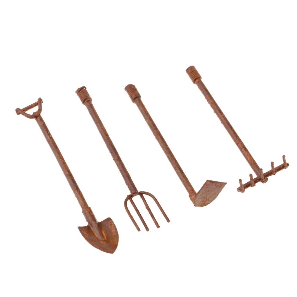 4pcs Miniatur Schaufeln und Gabel Gartenwerkzeug Für 1:12 Puppenhaus Garten