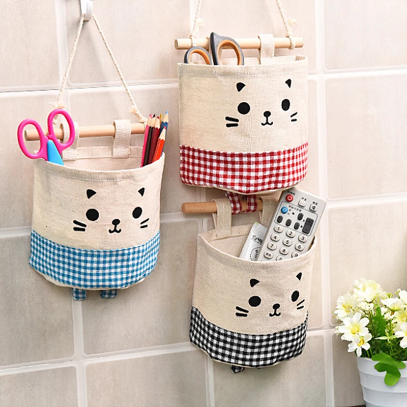 

Cute Cat Cotton Linen Storage Bag Sundries Organizer Hanger Bag Door Wall Closet Hanging Pocket Pouch Makeup Cosmetic Holder 40
