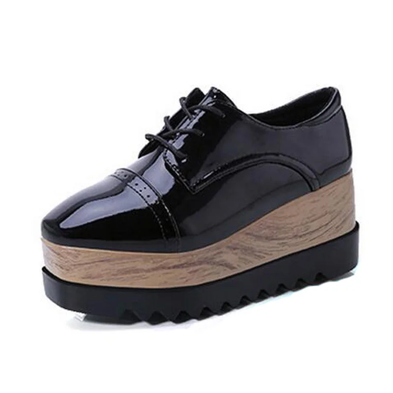 

Women Lace-up Shoes Woman Fashion Spring PU Patent Leather Wedge Platform Oxfords Thick Bottom Creepers BWD6999