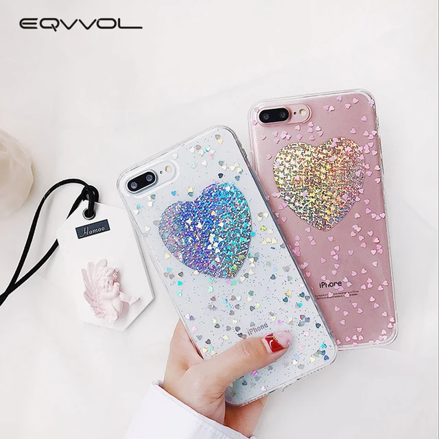 Best Price Eqvvol Fashion Glitter Phone Case For iPhone X 8 7 6 6S Plus Cases Cool Laser Love Heart Pattern Epoxy Soft TPU Phone Back Cover