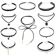 HOMOD 10 PCS/Set New Gothic Tattoo Leather Choker Necklaces Set for Women Hollow Out Black Lace Necklace Jewelry Collier Chain european lace choker necklace set