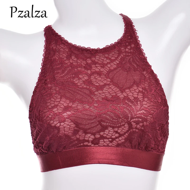 

Pzalza Women Halter Bralette Top Gross Strappy Soft Full Lace Bralette Crop Top Ladies Sexy Bra Brassiere Black Red Blue White