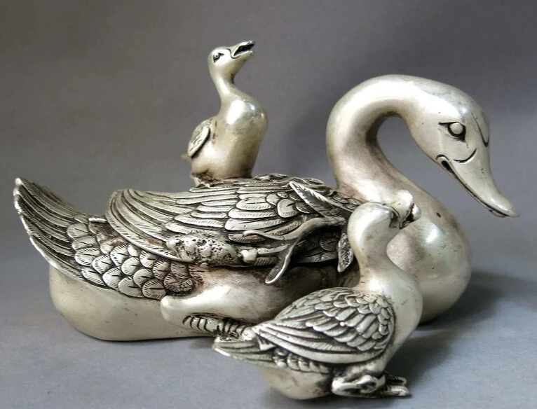 

China Silver Feng Shui carved sculpture beautiful fine three duck Statue