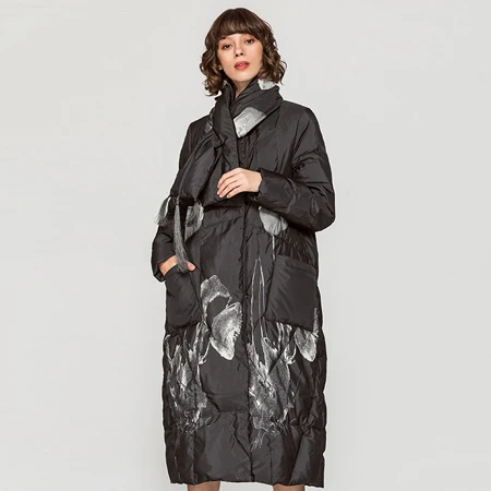 YNZZU, китайский стиль,, зимняя куртка, женская, элегантная, с принтом, очень длинная, свободная, женский пуховик с шарфом, теплое пальто O630 - Цвет: Черный