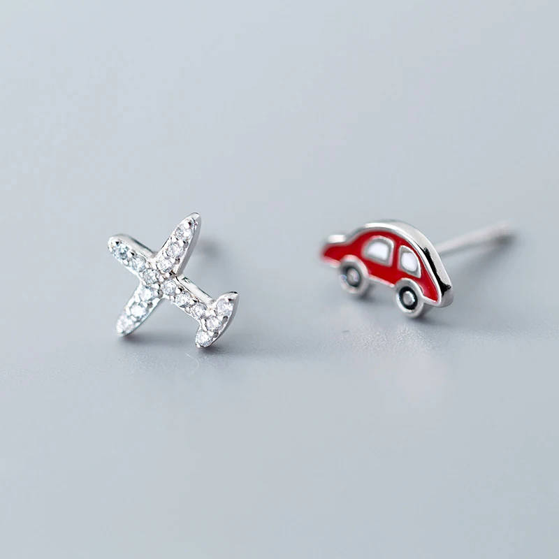 Серьги-гвоздики INZATT из чистого серебра S925 пробы, асимметричные серьги для женщин, вечерние серьги-гвоздики с цирконием, самолет, Красная эмаль, уникальный подарок для творчества