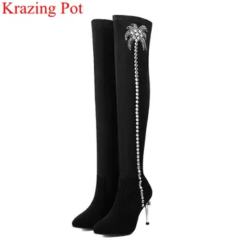 

superstar pointed toe zipper crystal sweet over-the-knee boots kid suede super high thigh high boots elegant winter shoes L93