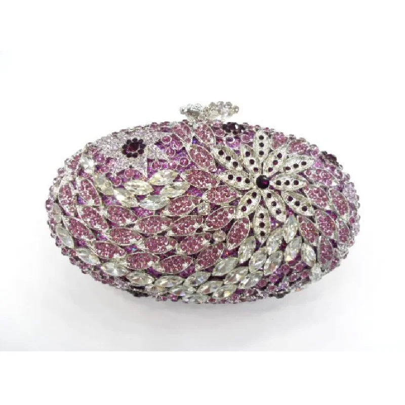 

8283-purple Crystal OVAL egg Floral flower Wedding Bridal Party Night hollow Metal Evening purse clutch bag handbag case box