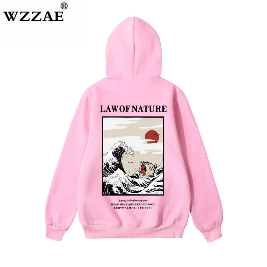 Cena WZZAE japoński haft zabawny kot fala polar z nadrukami bluzy 2018 zima japonia styl Hip Hop bluzy w stylu casual Streetwear