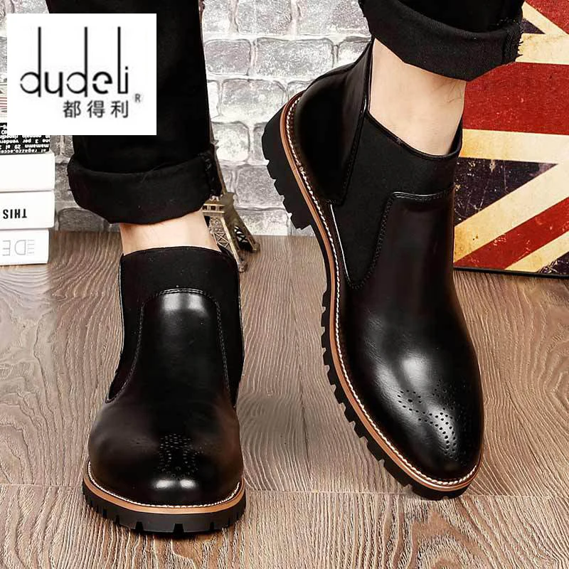 

DUDELI Spring/Winter Fur Men Chelsea Boots British Style Fashion Ankle Boots Black/Brown/Red Brogues Soft Leather Casual Shoes