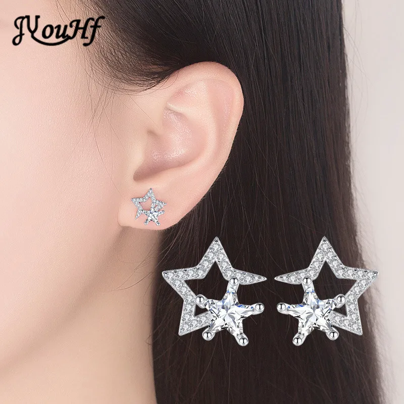 

JYouHF Personality 2 Star Stud Earrings for Women Sparking CZ Stone Crystal Wedding Engagement Earrings Fine Jewelry Wholesale