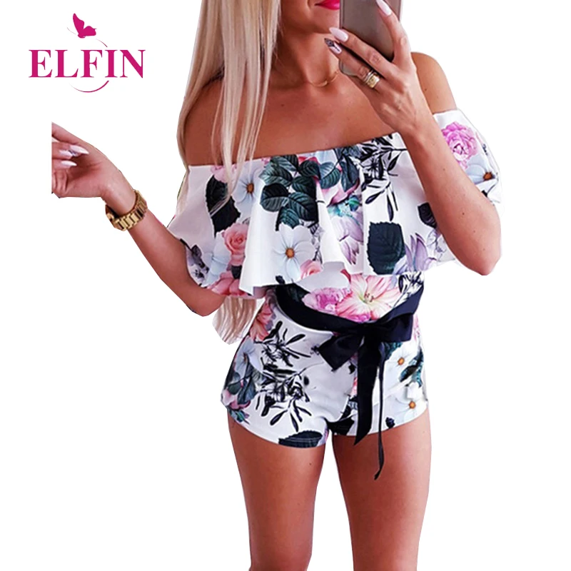

Slash Neck Bandage Bow Playsuit Women Short Sleeve Off Shoulder Vintage Boho Jumpsuit Rompers Ruffles Jumpsuits Summer SJ3123R