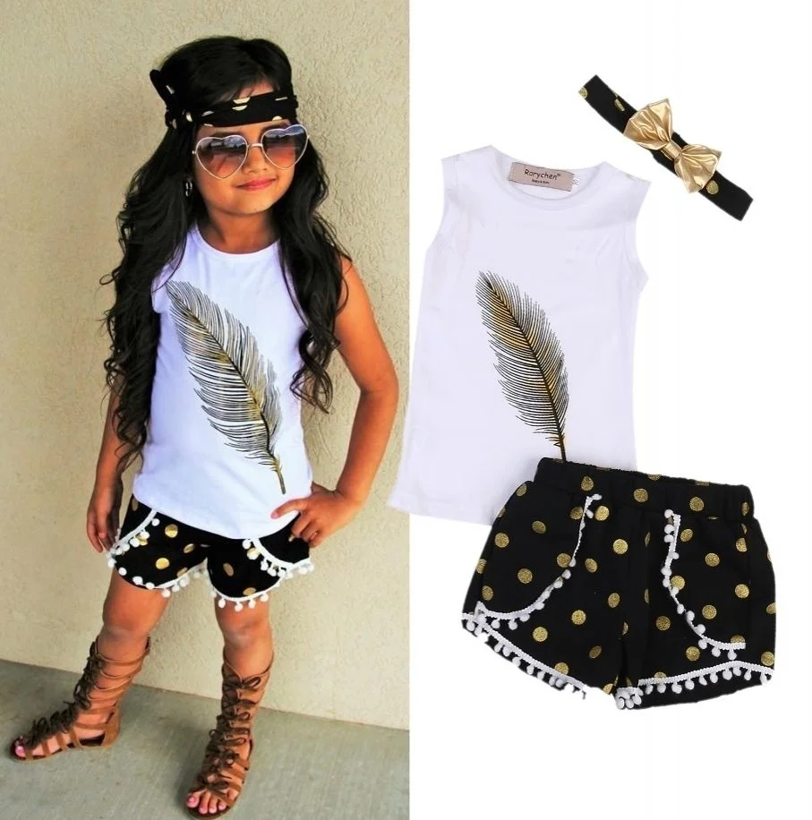 

Toddler Kids Girls Clothes Sets Tops Sleeveless Vest Shorts Headband 3pcs Outfits Clothing Set Girl 2-7Y