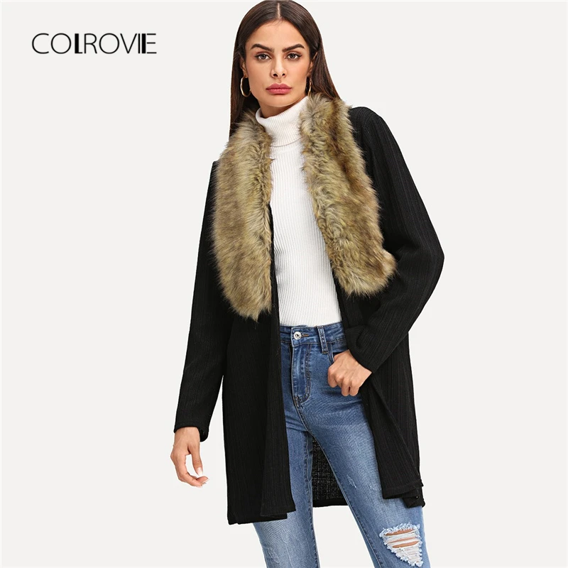 

COLROVIE Black Solid Faux Fur Longline Neckline Winter Women Coats 2018 Autumn Street Fashion Office Warm Elegant Lady Outwear